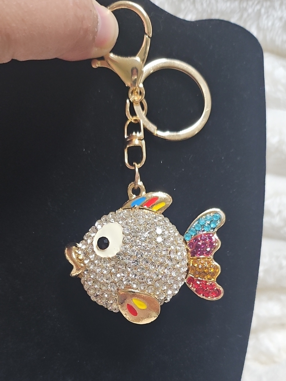 Source Unknown Gold Rhinestone Fish Keychain with Blue Pink Yellow Red Accents